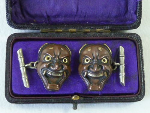 japanese mixed metal cufflinks meiji gold boxed pair noh theatre mask hannya 84 marked - CATEGORY: ANTIQUE JEWELLERY - DATED 1900