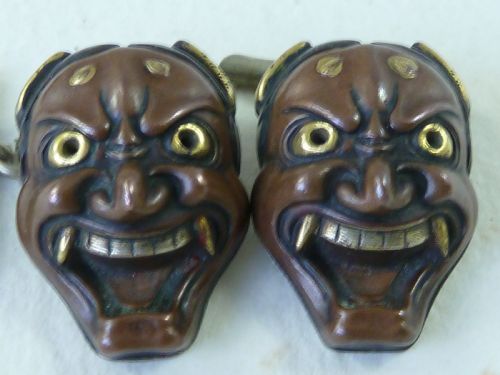 JAPANESE MIXED METAL CUFFLINKS MEIJI GOLD BOXED PAIR NOH THEATRE MASK HANNYA 84 MARKED - ADDITIONAL PHOTO 4