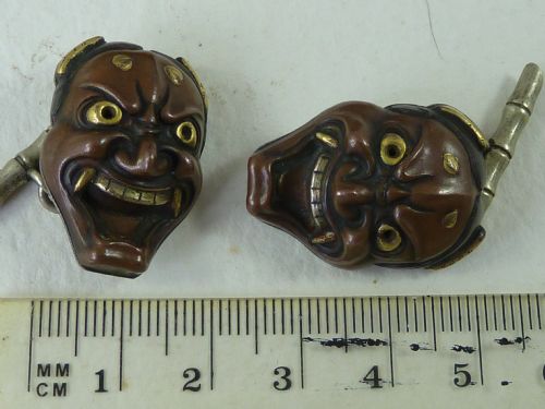 JAPANESE MIXED METAL CUFFLINKS MEIJI GOLD BOXED PAIR NOH THEATRE MASK HANNYA 84 MARKED - ADDITIONAL PHOTO 7