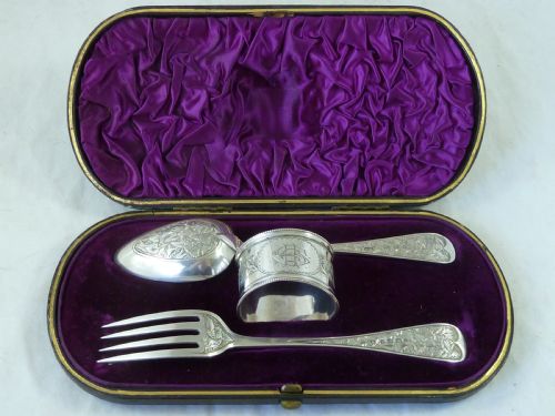 victorian she 1882 silver fork spoon napkin ring set boxed english george unite presentation - CATEGORY: ANTIQUE SILVER - DATED 1880