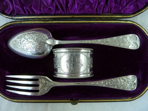 VICTORIAN SHE 1882 SILVER FORK SPOON NAPKIN RING SET BOXED ENGLISH GEORGE UNITE PRESENTATION - ADDITIONAL PHOTO 2