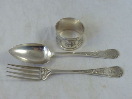 VICTORIAN SHE 1882 SILVER FORK SPOON NAPKIN RING SET BOXED ENGLISH GEORGE UNITE PRESENTATION - ADDITIONAL PHOTO 4