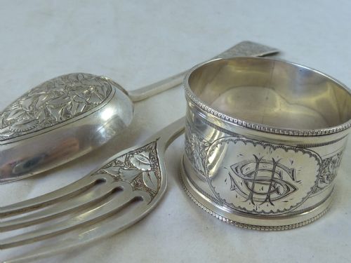 VICTORIAN SHE 1882 SILVER FORK SPOON NAPKIN RING SET BOXED ENGLISH GEORGE UNITE PRESENTATION - ADDITIONAL PHOTO 7