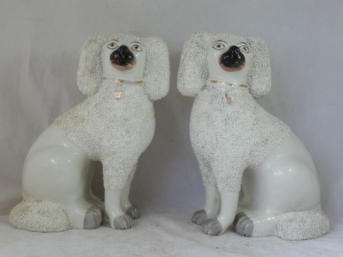 pair victorian staffordshire pottery poodle confetti dogs separate leg figures gravelware lion cut - CATEGORY: ANTIQUE CERAMICS - DATED 1890