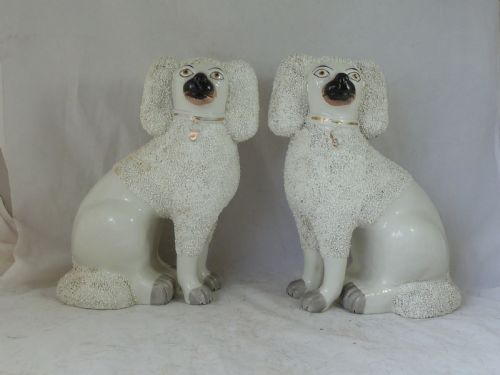 PAIR VICTORIAN STAFFORDSHIRE POTTERY POODLE CONFETTI DOGS SEPARATE LEG FIGURES GRAVELWARE LION CUT - ADDITIONAL PHOTO 1