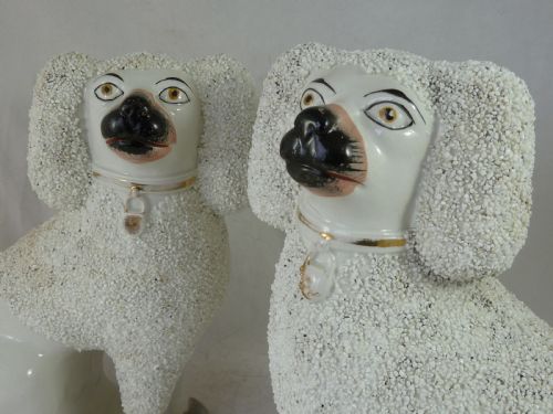 PAIR VICTORIAN STAFFORDSHIRE POTTERY POODLE CONFETTI DOGS SEPARATE LEG FIGURES GRAVELWARE LION CUT - ADDITIONAL PHOTO 2