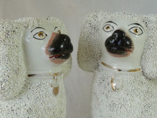 PAIR VICTORIAN STAFFORDSHIRE POTTERY POODLE CONFETTI DOGS SEPARATE LEG FIGURES GRAVELWARE LION CUT - ADDITIONAL PHOTO 3