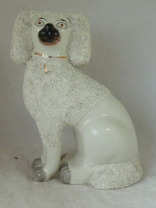 PAIR VICTORIAN STAFFORDSHIRE POTTERY POODLE CONFETTI DOGS SEPARATE LEG FIGURES GRAVELWARE LION CUT - ADDITIONAL PHOTO 4