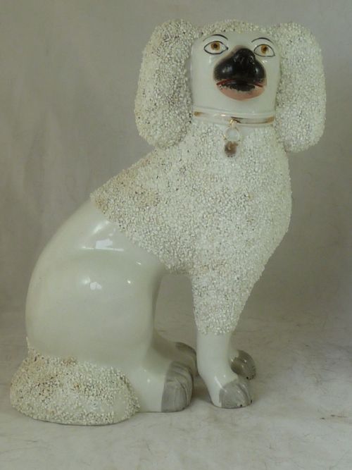 PAIR VICTORIAN STAFFORDSHIRE POTTERY POODLE CONFETTI DOGS SEPARATE LEG FIGURES GRAVELWARE LION CUT - ADDITIONAL PHOTO 6