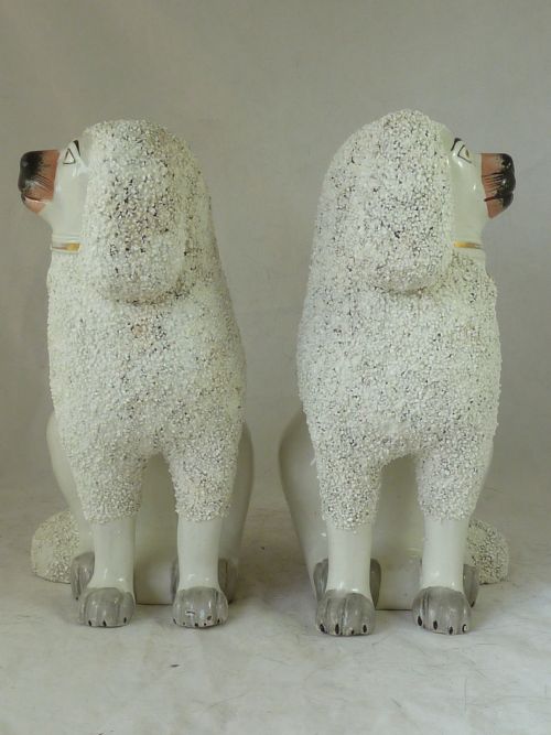 PAIR VICTORIAN STAFFORDSHIRE POTTERY POODLE CONFETTI DOGS SEPARATE LEG FIGURES GRAVELWARE LION CUT - ADDITIONAL PHOTO 8