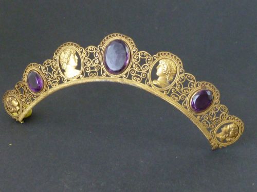 BERLIN IRONWORK GILT TIARA AMETHYST PASTE CUT STEEL FASCINATOR CRESTING COMB - ADDITIONAL PHOTO 3