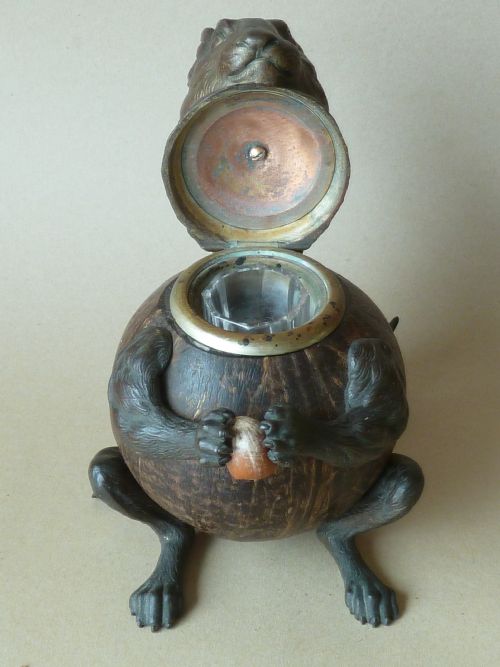 VICTORIAN SQUIRREL NOVELTY INKWELL COCONUT SHELL HAZEL NUT BRASS - ADDITIONAL PHOTO 7