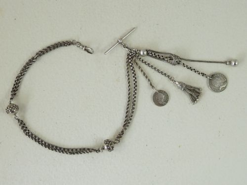 VICTORIAN SILVER ALBERTINA POCKET WATCH CHAIN TASSEL FOB MAUNDY COINS BRACELET CHARM - ADDITIONAL PHOTO 1
