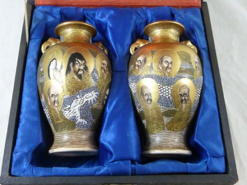 japanese satsuma meiji period pottery pair vases signed hododa boxed gods dragon - CATEGORY: ANTIQUE VASES - DATED 1900