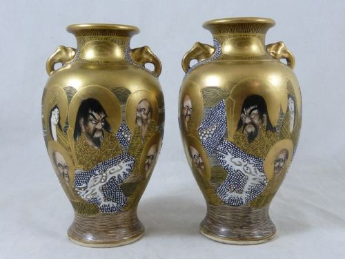 JAPANESE SATSUMA MEIJI PERIOD POTTERY PAIR VASES SIGNED HODODA BOXED GODS DRAGON - ADDITIONAL PHOTO 4