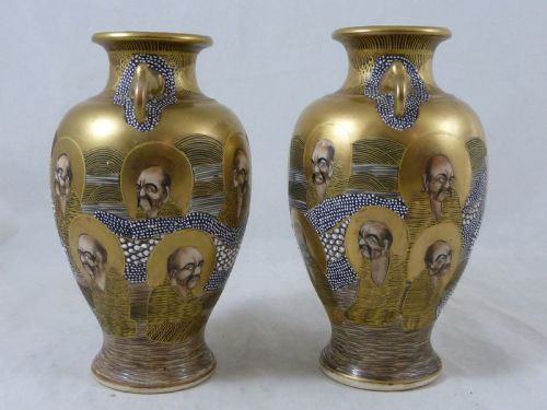 JAPANESE SATSUMA MEIJI PERIOD POTTERY PAIR VASES SIGNED HODODA BOXED GODS DRAGON - ADDITIONAL PHOTO 5