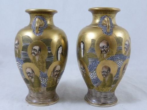 JAPANESE SATSUMA MEIJI PERIOD POTTERY PAIR VASES SIGNED HODODA BOXED GODS DRAGON - ADDITIONAL PHOTO 6