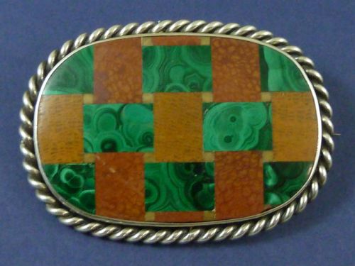 extra large victorian brooch scottish tartan mosaic plaid hardstone pebble pin silver malachite - CATEGORY: ANTIQUE JEWELLERY - DATED 1880