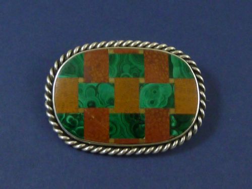 EXTRA LARGE VICTORIAN BROOCH SCOTTISH TARTAN MOSAIC PLAID HARDSTONE PEBBLE PIN SILVER MALACHITE - ADDITIONAL PHOTO 1