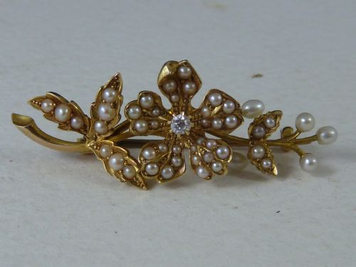VICTORIAN 15K GOLD BROOCH DIAMOND SPLIT PEARLS BOXED - ADDITIONAL PHOTO 3