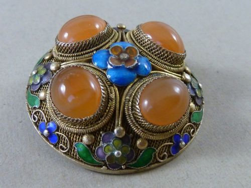 fig 1. Chinese Silver Gilt Filigree Enamel Cabochon Carnelian Bracelet Brooch Earrings Demi Parure