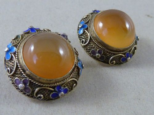 fig 2. Chinese Silver Gilt Filigree Enamel Cabochon Carnelian Bracelet Brooch Earrings Demi Parure