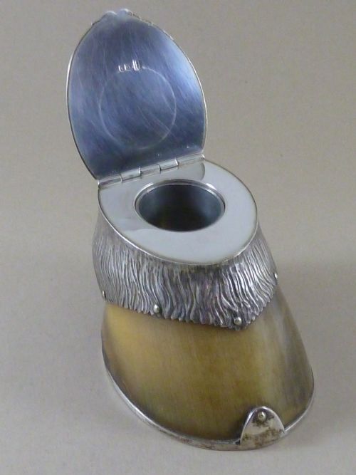 VICTORIAN HORSE HOOF HALLMARKED SOLID SILVER MOUNT INKSTAND DERVISH 1923 TAXIDERMY INKWELL - ADDITIONAL PHOTO 2