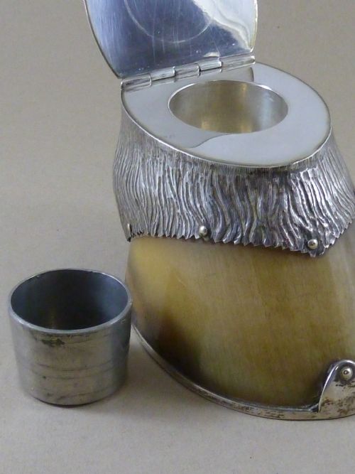 VICTORIAN HORSE HOOF HALLMARKED SOLID SILVER MOUNT INKSTAND DERVISH 1923 TAXIDERMY INKWELL - ADDITIONAL PHOTO 4