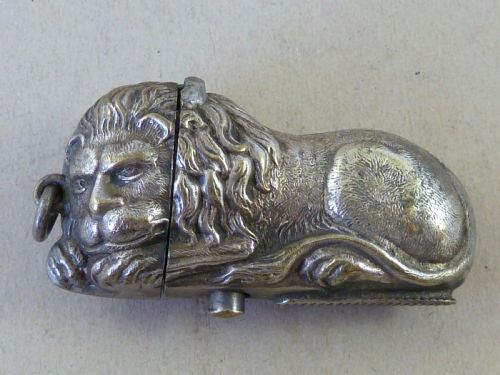 RECUMBENT LION VESTA CASE SILVER PLATED BRASS MATCH BOX NOVELTY WATCH CHAIN FOB - ADDITIONAL PHOTO 1