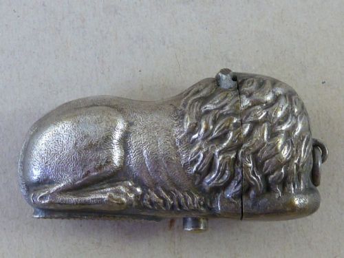 RECUMBENT LION VESTA CASE SILVER PLATED BRASS MATCH BOX NOVELTY WATCH CHAIN FOB - ADDITIONAL PHOTO 2