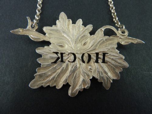 1845 HOCK ENGLISH BIRMINGHAM HALLMARKED SOLID SILVER DECANTER BOTTLE WINE LABEL VINE LEAF - ADDITIONAL PHOTO 3