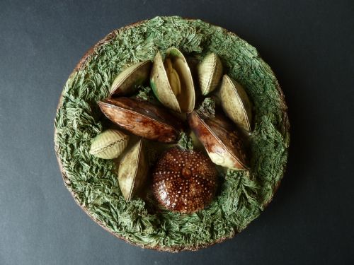 palissy ware round wall plate mafra caldao portugal shell fish clam mussel seaurchins cockle dish - CATEGORY: ANTIQUE CERAMICS - DATED 1880