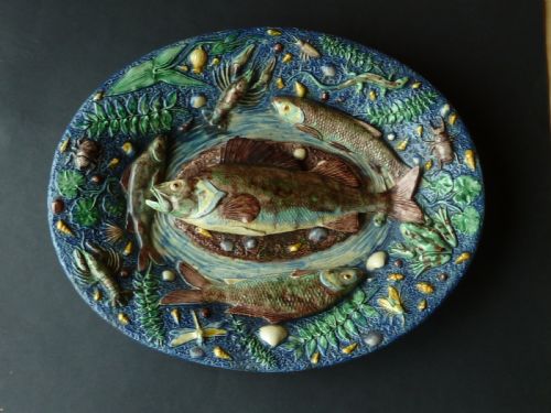 LARGE PALISSY WARE FRENCH OVAL PLATTER FISH LOBSTER LIZARD BARBIZET DISH - ADDITIONAL PHOTO 1