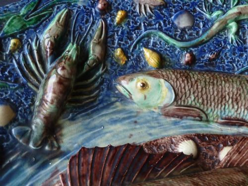 LARGE PALISSY WARE FRENCH OVAL PLATTER FISH LOBSTER LIZARD BARBIZET DISH - ADDITIONAL PHOTO 5