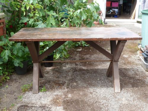TAVERN TABLE X FRAMED PAINTED PINE 2 PLANK TOP CLEATED ENDS KITCHEN WORK DINING REFECTORY RUSTIC - ADDITIONAL PHOTO 3