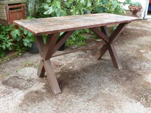 TAVERN TABLE X FRAMED PAINTED PINE 2 PLANK TOP CLEATED ENDS KITCHEN WORK DINING REFECTORY RUSTIC - ADDITIONAL PHOTO 13