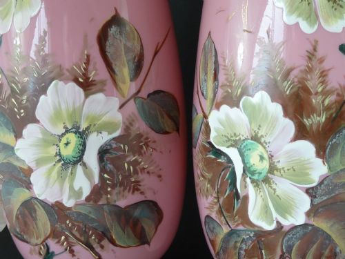 PAIR LARGE PINK VICTORIAN BOHEMIAN HARRACH OPALINE GLASS VASES ENAMEL PAINTED FLORAL - ADDITIONAL PHOTO 3
