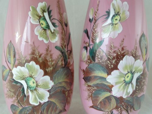 PAIR LARGE PINK VICTORIAN BOHEMIAN HARRACH OPALINE GLASS VASES ENAMEL PAINTED FLORAL - ADDITIONAL PHOTO 7