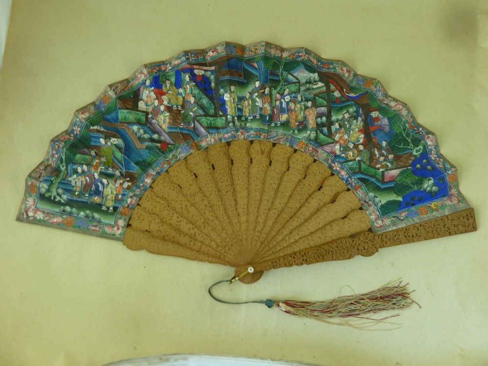 Chinese Export Hand Fan Manderin Thousand Faces Carved Sandalwood Canton