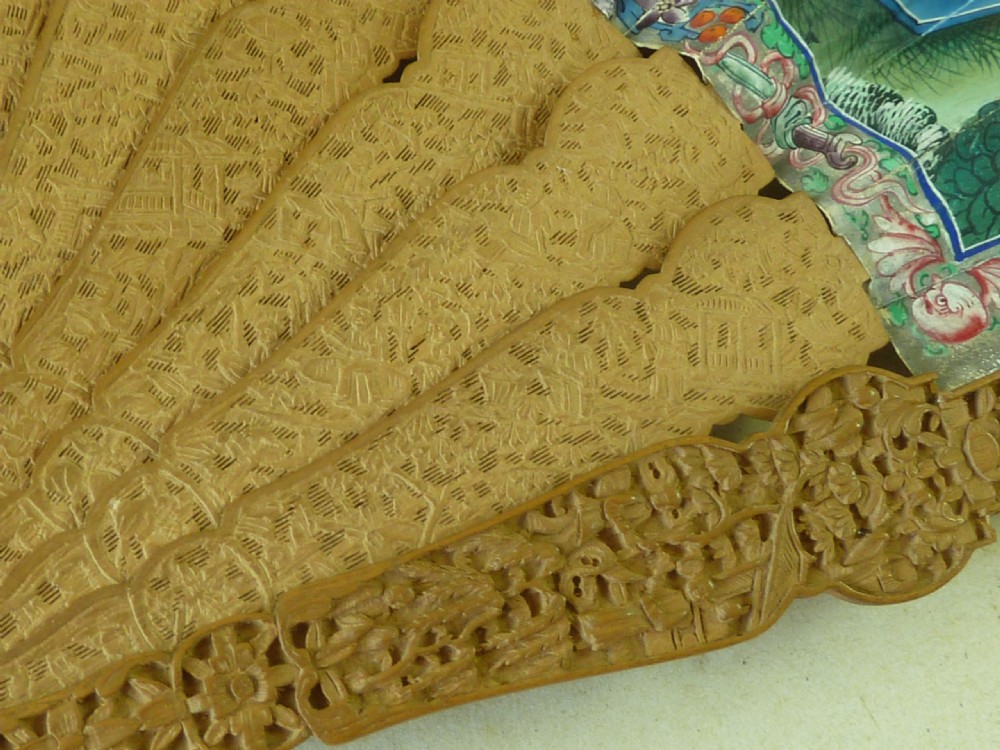 Chinese Export Hand Fan Manderin Thousand Faces Carved Sandalwood Canton View III
