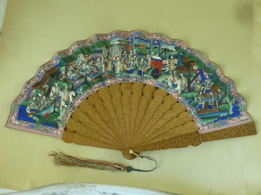 Chinese Export Hand Fan Manderin Thousand Faces Carved Sandalwood Canton View IV