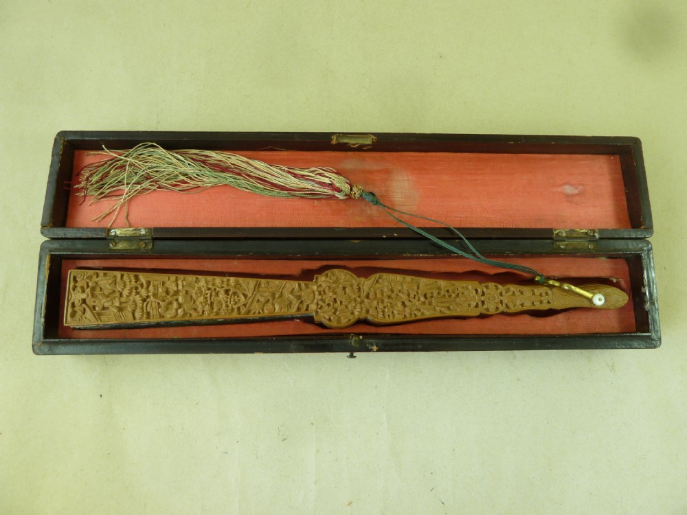 Chinese Export Hand Fan Manderin Thousand Faces Carved Sandalwood Canton View VI