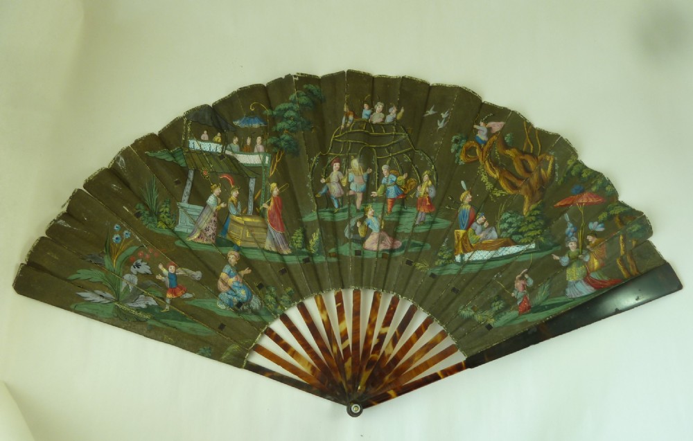 18C Hand Painted Fan and Case European Chinoiserie Eventail Boxed