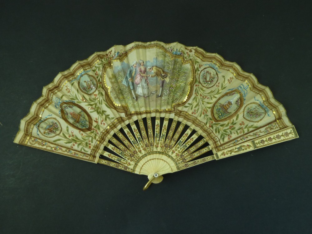 Hand Painted Fan European Sequin Signed Poutnel Eventail Duvelleroy Boxed