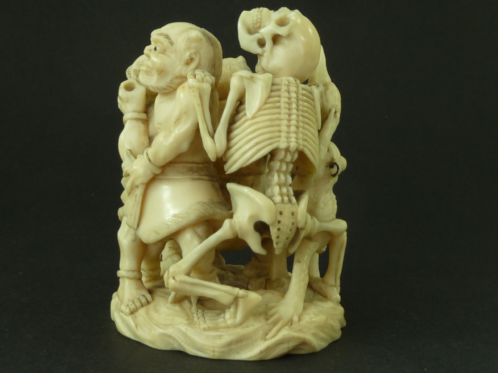 Japanese Carved Ivory Okimono Demons Skeleton Meiji Period 