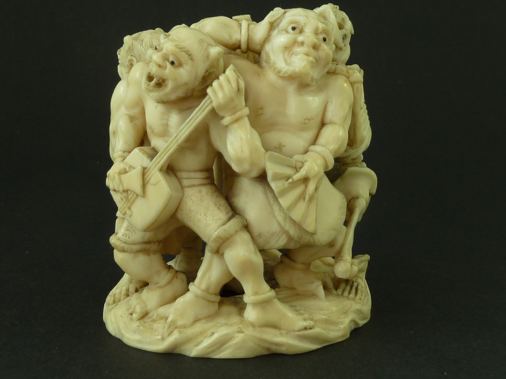 Japanese Carved Ivory Okimono Demons Skeleton Meiji Period  View II