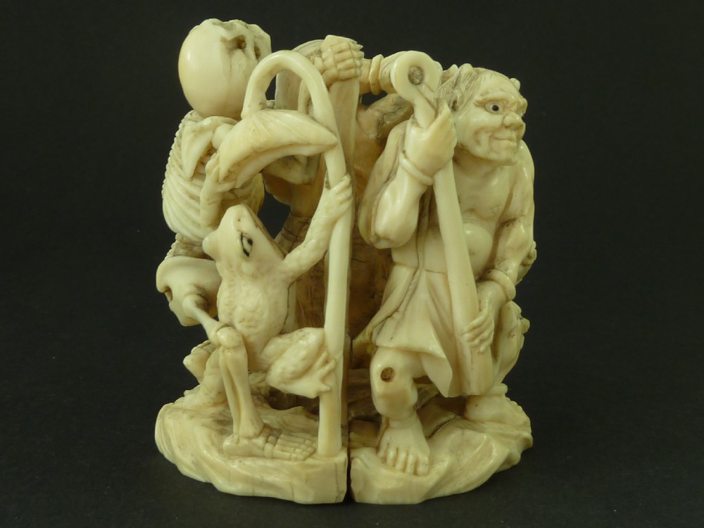 Japanese Carved Ivory Okimono Demons Skeleton Meiji Period  View III