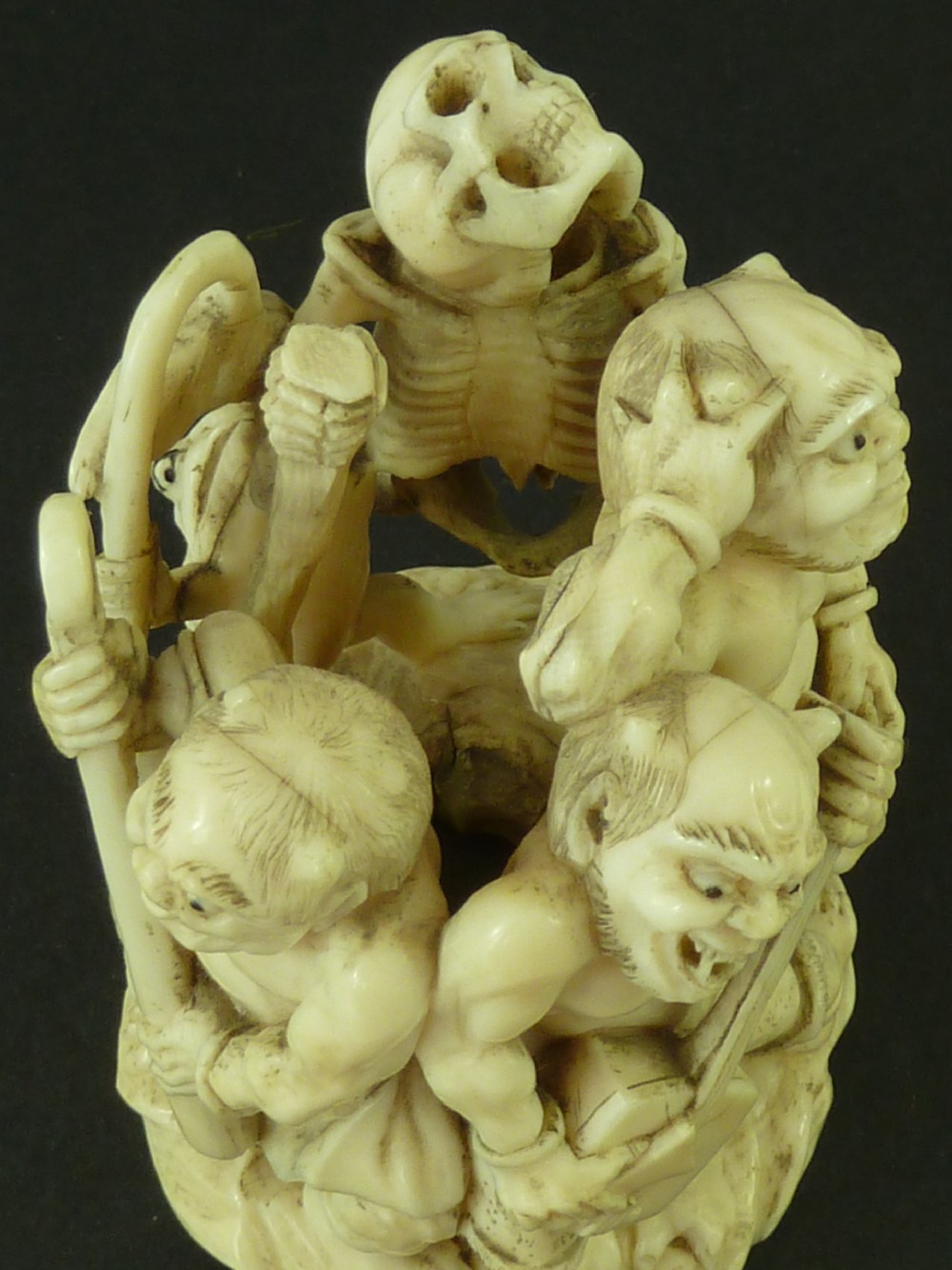 Japanese Carved Ivory Okimono Demons Skeleton Meiji Period  View V