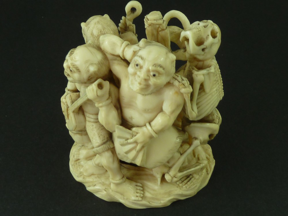 Japanese Carved Ivory Okimono Demons Skeleton Meiji Period  View VII