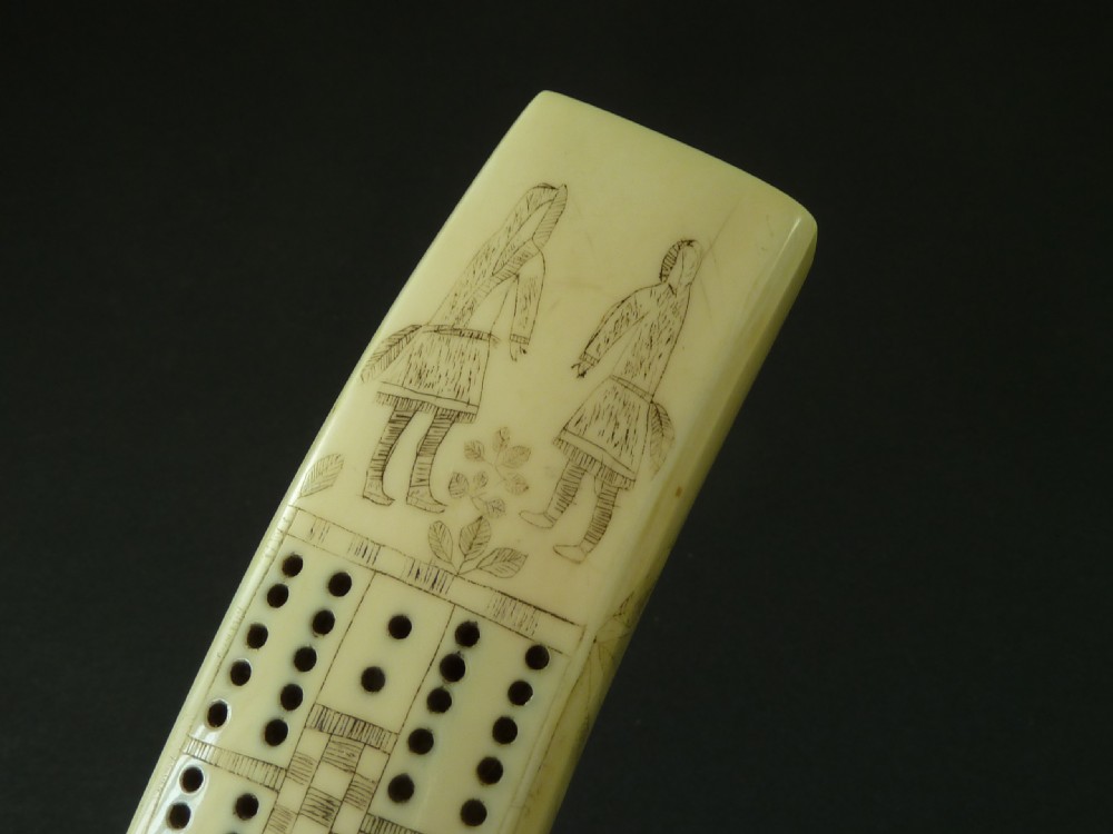 Large Scrimshaw Inuit Crib Board Walrus Tusk Marine Ivory Eskimo View V